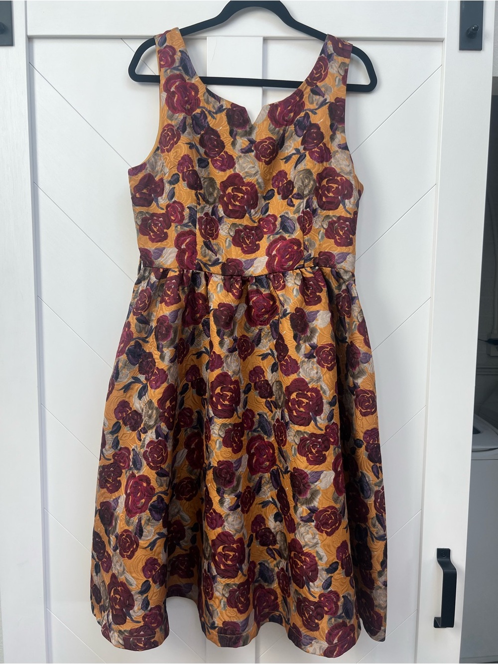 Sleeveless Floral Jacquard Dress in Mustard and Burgundy